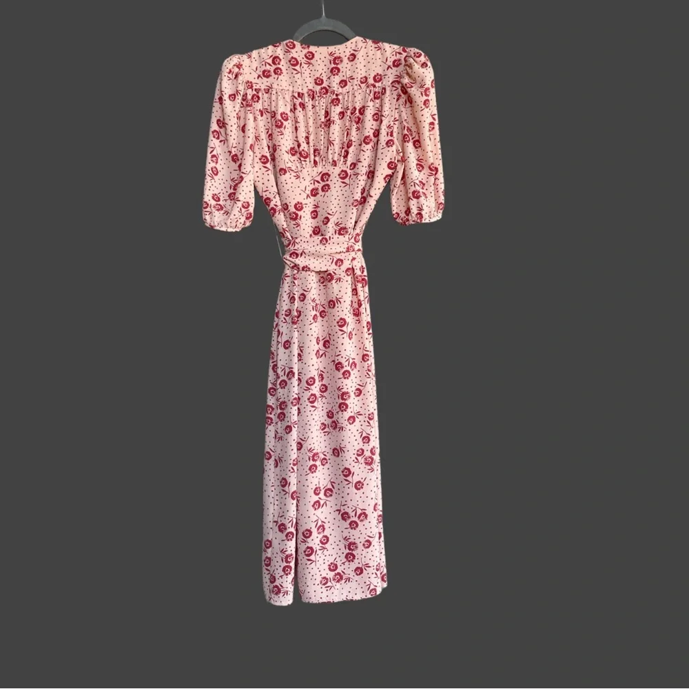ROUJE Peach Pink Red Retro Classic Floral Dot Printed Rosalie Midi Wrap Dress - Picture 8 of 14